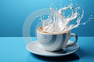 I orchestrate my mornings to the tune of coffee. Splashing against blue background. splash of coffee with milk in a cup. milk