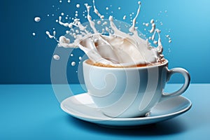 I orchestrate my mornings to the tune of coffee. Splashing against blue background. splash of coffee with milk in a cup. milk