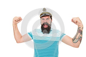 I am so powerful. male power and strength. seaman travel with adventure. navy day. tourist on summer vacation. bearded