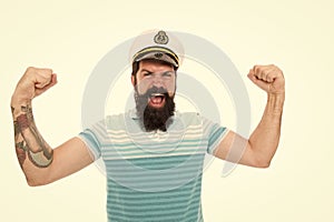 I am so powerful. male power and strength. seaman travel with adventure. navy day. tourist on summer vacation. bearded
