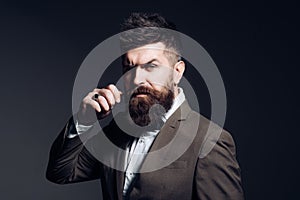 I prefer a barber to a hair stylist. Mens fashion. Man with long beard in business wear. Business as usual. Bearded man