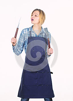 I prepared surprise for you. Preparation and culinary. Family weekend. Woman hold kitchen utensils. Pretty girl in chef