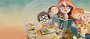 I read to my children. Watercolor concept background