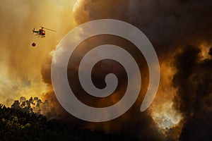 I-RUFA Eurocopter AS 350B3 Firefighter, dropping water in a Forest Fire during Day in Povoa de Lanhoso.