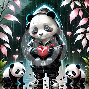 I saw a cute panda wearing a hoodie, wandering around in the rain. It was a strange sight, but somehow endearing.