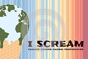 I scream phrase. Global warming, climate change poster with ice cream melting Earth in waffle on warming stripes. Global