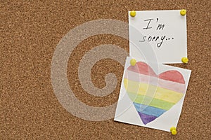 Apologize, I am sorry inscription text written on white paper pined on cork board photo