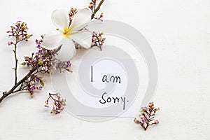 I am sorry message card handwriting with flower