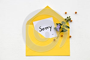 I am sorry message card handwriting with flowers