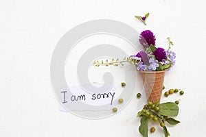 I am sorry message card handwriting with purple flower amaranth in cone