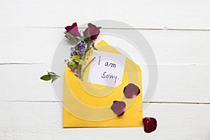 I am sorry message card handwriting with red rose flowers