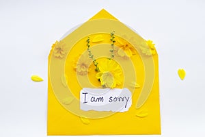 I am sorry message card handwriting in yellow envelope with yellow ,orange flowers cosmos