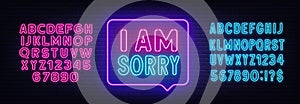 I am sorry neon sign in the speech bubble on brick wall background.