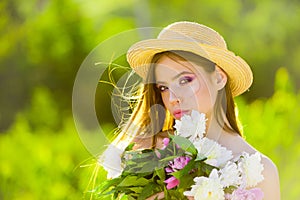 I am a spring. Woman with fashion makeup. Summer girl with long hair. Spring woman. Springtime and vacation. face and