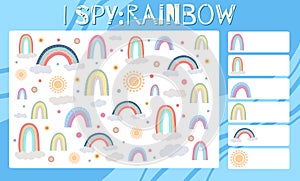 I spy game. Childrens educational fun. Count how many weather elements. Flat hand drawn rainbow, cloud, sun and dots. Vector space