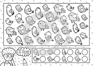 I spy game coloring page for kids. Find and count cute birds