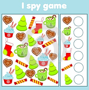 I spy game. Find and count. Christmas and new year holidays theme activity for kids, toddlers, children