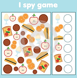 I spy game. Find and count food. Mathematics activity for kids, toddlers, children