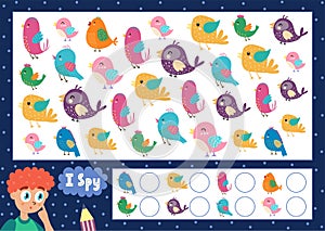 I spy game for kids. Find and count the cute birds. Search the same bird puzzle for children