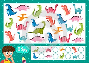 I spy game for kids. Find and count the cute dinosaurs. Search the same dino puzzle photo