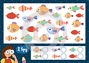 I spy game for kids. Find and count the cute fish. Sea life puzzle for children