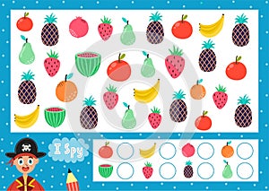I spy game for kids. Find and count fruits. Search the same bird puzzle for children