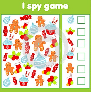 I spy game for toddlers. Find and count objects. Counting educational children activity. Christmas and new year holidays theme