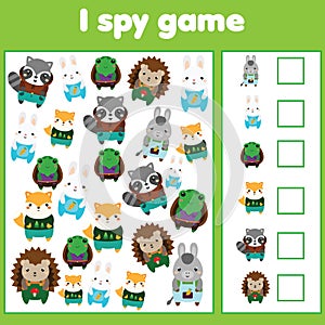 I spy game for toddlers. Find and count objects. Counting educational children activity. Cute animals