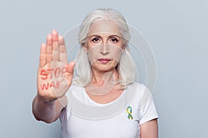 I stand with Ukraine conceptual collage photo elderly woman raise arm ask stop repression help world volunteer isolated