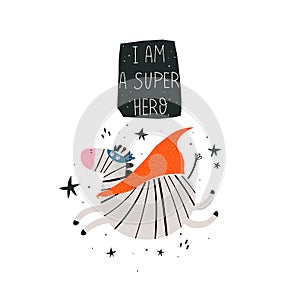 I am a super hero. Cartoon zebra, hand drawing lettering, decor elements. Colorful vector illustration for kids, flat style.