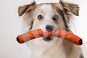 Temptation, little dog has stolen a sausage photo