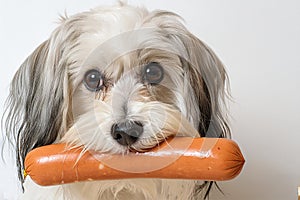 Temptation, little dog has stolen a sausage photo