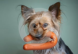 Temptation, little dog has stolen a sausage photo