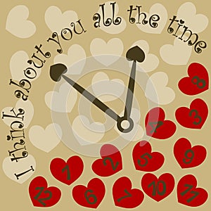 I think about you all the time valentine clock with hearts