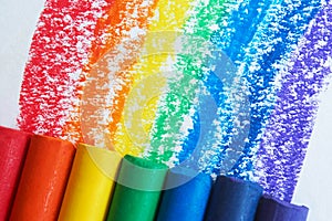 A rainbow drawn with red, orange, yellow, green, blue, indigo, and purple crayons.