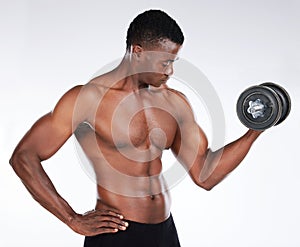 I train every single day. a handsome young man standing alone in the studio and using a dumbbell for a bicep curl.