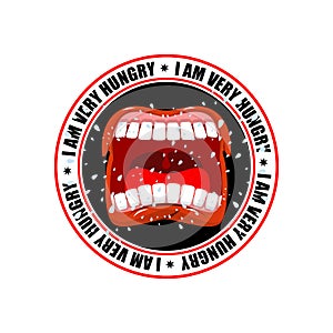 I am very hungry logo. Open mouth and teeth. Emblem for restaurant and cafe. Hunger is sign