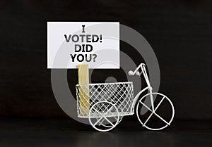 I voted. Did you symbol. Concept words I voted. Did you on beautiful white paper on clothespin. Bicycle model. Beautiful black
