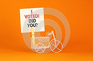 I voted. Did you symbol. Concept words I voted. Did you on beautiful white paper on clothespin. Bicycle model. Beautiful orange