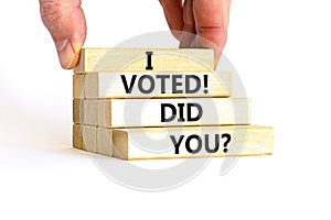 I voted. Did you symbol. Concept words I voted. Did you on beautiful wooden block. Beautiful white table white background. Voter