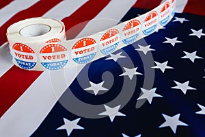 I voted today sticker, typical of US elections on American flag