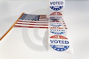 I Voted Today stickers and american flag on white background. US presidential election concept