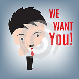 I want you, business man and pointing with finger for vacancy concept, illustration in flat design