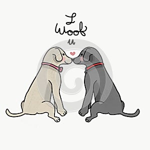 I woof you couple Labrador kissing cartoon painting illustration