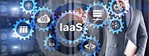 IaaS Infrastructure as a Service. Blue Online Gear Internet and networking concept