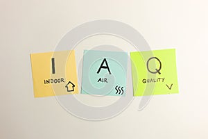 IAQ indoor air quality acronym handwritten on sticky notes