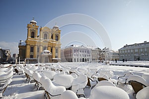 Union Square of Timisoara  Catholic Dome on winter