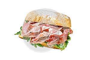 iberico jamon ham sandwich on ciabatta bread. Isolated on white background.