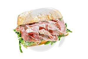 iberico jamon ham sandwich on ciabatta bread. Isolated on white background, Top view.