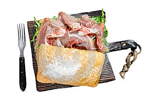 iberico jamon ham sandwich on ciabatta bread. Isolated on white background, Top view.